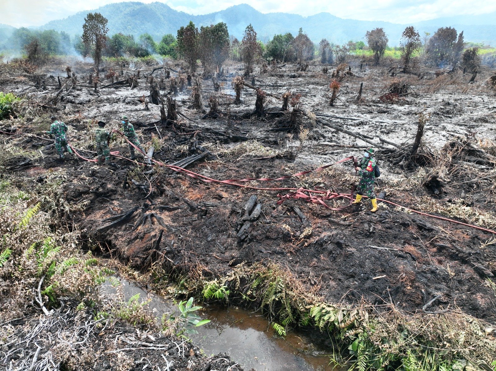 Personel TNI-BPBD Terus Basahi Titik Asap di Lahan Gambut Bakongan